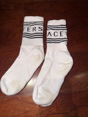 VERSACE White Crew Socks with Black Stripes and Logo
